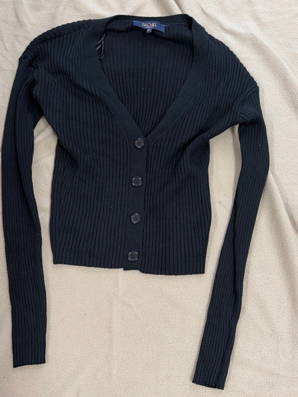 RACHEL Rachel Roy Black Ribbed V‑Neck Button Cardigan